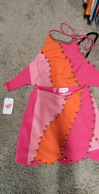 L'ATISTE Pink & Orange Studded Halter Mini Dress